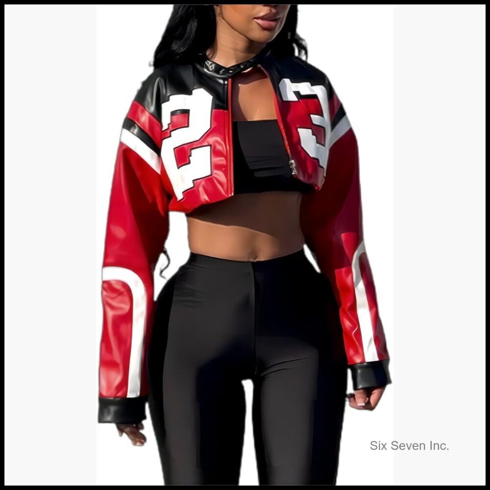 Faux Leather Cropped Bomber Jacket with Zipper Closure